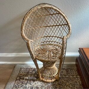 16” Vintage Wicker Peacock Doll Chair Plant Stand Boho Rattan